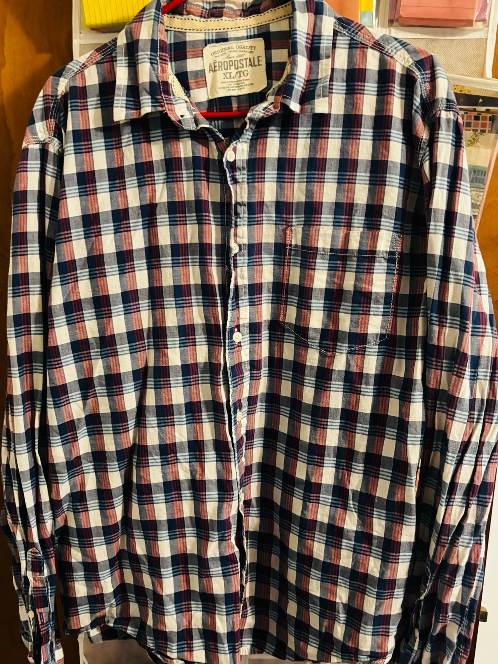 Aeropostale Men's Navy, Red & White Plaid Button-Down Shirt
